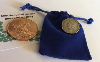 Wedding 6 Pence In A Blue Velvet Bag,  An Old Uncirculated Irish Penny