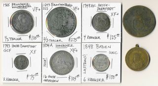 (1693 - 1888) Eight German State Coins & Medal Cat Value Near $800