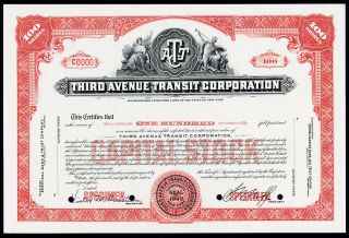 Ny.  Third Avenue Transit Corp. ,  Ca.  1950 - 1960 Specimen Stock Certificate