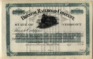 Bristol Railroad Company Stock Certificate Vermont
