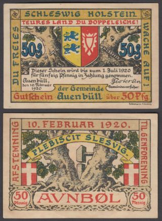 Denmark City Avnbol Plebiscit Slesvig Notgeld 50 Pfennig 1920 (au) Ger