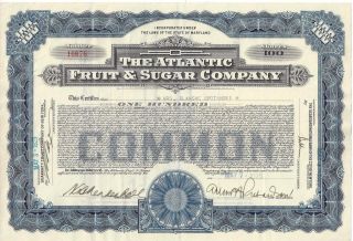 The Atlantic Fruit & Sugar Company.  1929 Common Stock Certificate