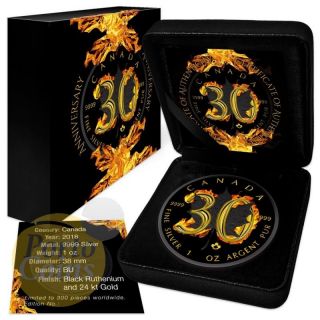 2018 $5 Canada 1 oz Silver Maple Leaf 30th Anniversary Burning Coin BOX & 2