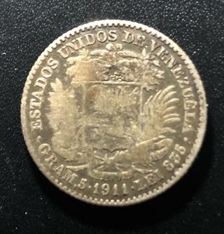 Venezuela 1911 One Bolivar Silver Coin: Better year 2