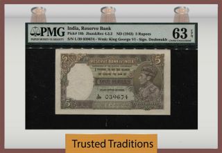 Tt Pk 18b 1943 India Reserve Bank 5 Rupees " King George Vi " Pmg 63q Choice Unc
