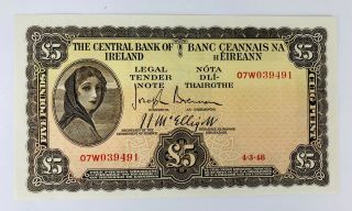 1948 Lady Lavery £5 Five Pounds Irish Banknote Ireland Series A Pick 65c Au