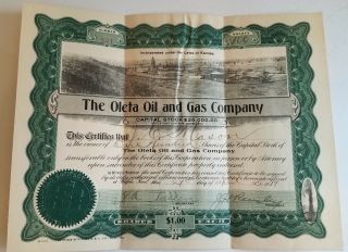 Oleta Oil & Gas Company Kansas 1917 Stock Certificate Antique Neat
