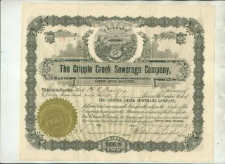 1899 Cripple Creek Sewerage Company Colorado Stock Certificate Issue 19
