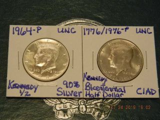 1964 - P Kennedy 90 Silver Unc Half Dollar & 1776/1976 - P Kennedy Unc Half Dollar