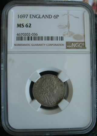 1697 England Silver 6 Pence Ngc Ms - 62