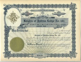 Knights Of Pythias Lodge No.  101 Kenton Ohio Stock Certificate
