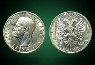 5 Lek.  Silver Coin.  Made In Italy.  Albania 1939 - No 22