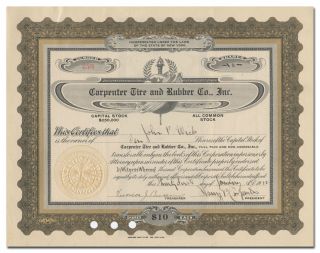 Carpenter Tire And Rubber Co. ,  Inc.  Stock Certificate (york City)