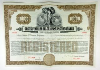 Ny.  Socony - Vacuum Oil Co.  1937 Specimen $10,  000 Registered Bond Vf Abn Brown