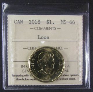 2018 Canadian One Dollar Loon Coin Iccs Graded Ms - 66