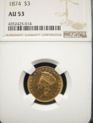 1874 $3 Gold Indian Princess Gold Coin Ngc Au53 Flashy