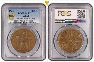 Iceland - Rare 2 Kronur Unc Coin 1930 Year X 1 1000th Years Althing Pcgs Ms62