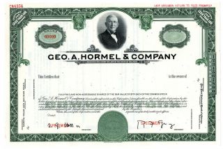 Delaware.  Geo.  A.  Hormel & Co. ,  Ca.  1950 - 1960 Specimen Stock Certificate