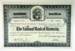 Ky.  National Bank Of Kentucky,  1927 2 Shrs Capital Stock I/u Certificate Xf Abnc