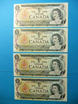 4 Consecutive 1973 Bank Of Canada 1 Dollar Notes - Unc -