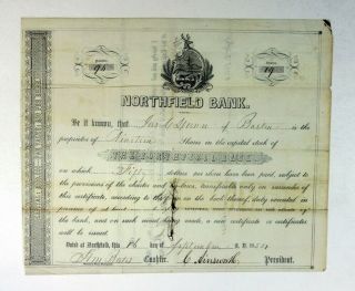 Vt.  Northfield Bank,  1854 19 Shrs Capital Stock I/ C Certificate,  Fine - Vf
