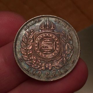 1889 Brazil 500 Reis,  SILVER,  Pedro II,  Last Year,  KM 480,  Neat Toning - VF 5