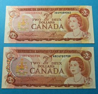 2x 1974 Bank Of Canada 2 Dollar Notes - Unc -