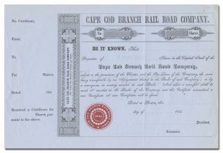 Cape Cod Branch Rail Road Company Stock Certificate (1840 