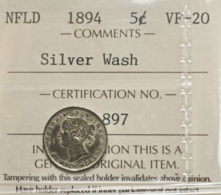 1894 Newfoundland 5 Cents Iccs Graded Vf - 20 Silver Wash