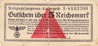 5 Reichsmark Vg - Poor German Concentration Camp Note From The Wehrmacht 1939