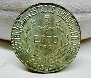 1924 Republica Dos Estada Unidos Brazil 2000 Reis Silver Uncirculated Coin