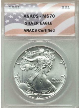 1991 $1 One Ounce State American Silver Eagle Anacs Ms70 Flag Label