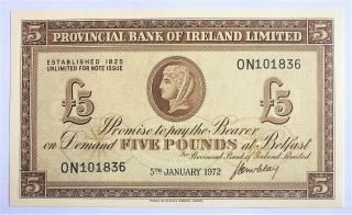 Ireland - Northern - 5 Pounds - 1972 - Provincial Bank Of Ireland Limited - S/n 101836,  Unc