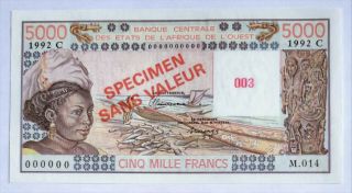 W.  A.  S/letter C Burkina Faso - Specimen - 5000 Frs - 1992 - Very Low S/n 003 - P.  308cs,  Unc