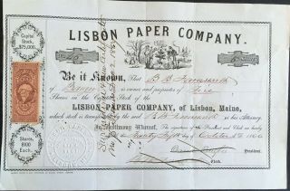 Lisbon Paper Co Stock 1866 Lisbon,  Maine Adroscoggin River Mill.  Benj.  Farnsworth
