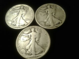 1918 P,  D,  S - Walking Liberty Half Dollar - 3 Coin Set - V.  G.  To Fine,