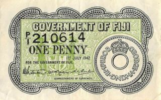 Fiji 1 Penny 1.  7.  1942 Series P/1 Circulated Banknote Afj21