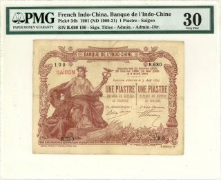 French Indo - China Currency Banknote 1901 Pmg 30 Vf