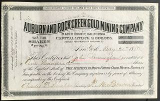 Auburn & Rock Creek Gold Mining Co Stock 1880 Placer Co Auburn,  Ca Lode Gold Vf,