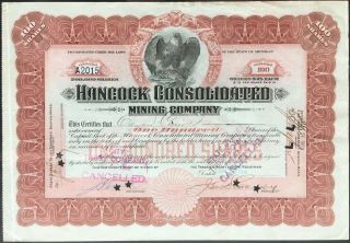 Hancock Consolidated Mining Co Stock 1909 Houghton County,  Mi Keweenaw Copper Vf