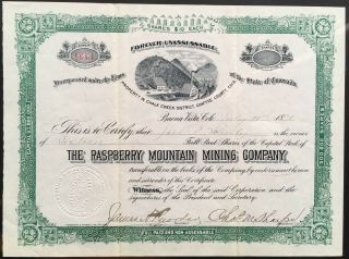 Raspberry Mountain Mining Co Stock 1890.  Buena Vista,  Co Chalk Creek Mining.  Vf,