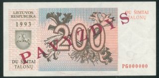 Lithuania 200 Talonu (1993) Unc Banknote Series Pg000000 Specimen