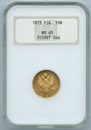 1913 Finland 10 Markkaa Gold Ncg Ms 65