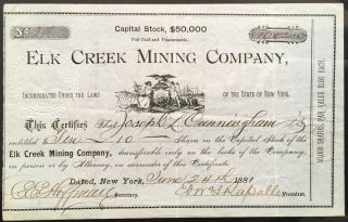 Elk Creek Mining Co Stock 1881 Ouray,  Colorado (ouray County) Silver.  Cert 2 Vf
