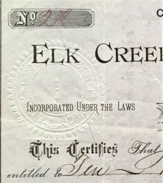 ELK CREEK MINING CO Stock 1881 Ouray,  Colorado (Ouray County) Silver.  Cert 2 VF 3