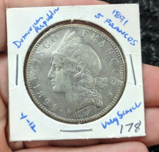 1891 Dominican Republic 5 Franco Silver - Hi Grade - 178