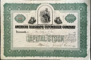 American Telegraph - Typewriter Co Stock 1910.  Inventor,  President George Cardwell