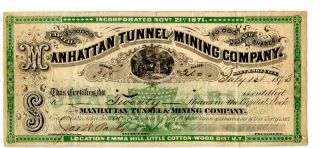 1873 Utah Territory Manhattan Tunnel Mining Company Stock