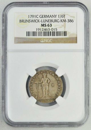 Brunswick - LÜneburg Germany 1/6 Thaler 1791c Rare Ngc Ms63 Silver
