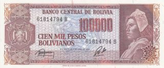 100 000 Pesos Unc Banknote From Bolivia 1984 Pick - 145